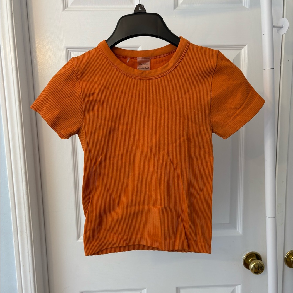 Aritzia Sunday Best Ribbed Orange Crewneck Stretchy Short Sleeve T-Shirt Size XS - Picture 7 of 7